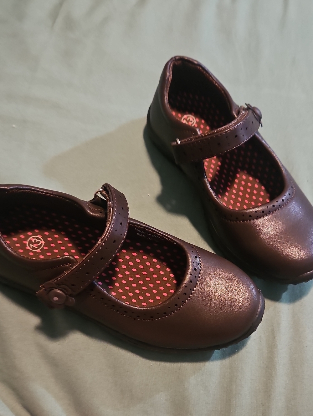 Kids Brown Mary Jane Shoes with Pink Polka Dot Insole